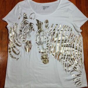 Zenergy by Chicos White Short Sleeve Shirt Gold Zebra Print Women's Size‎ 2